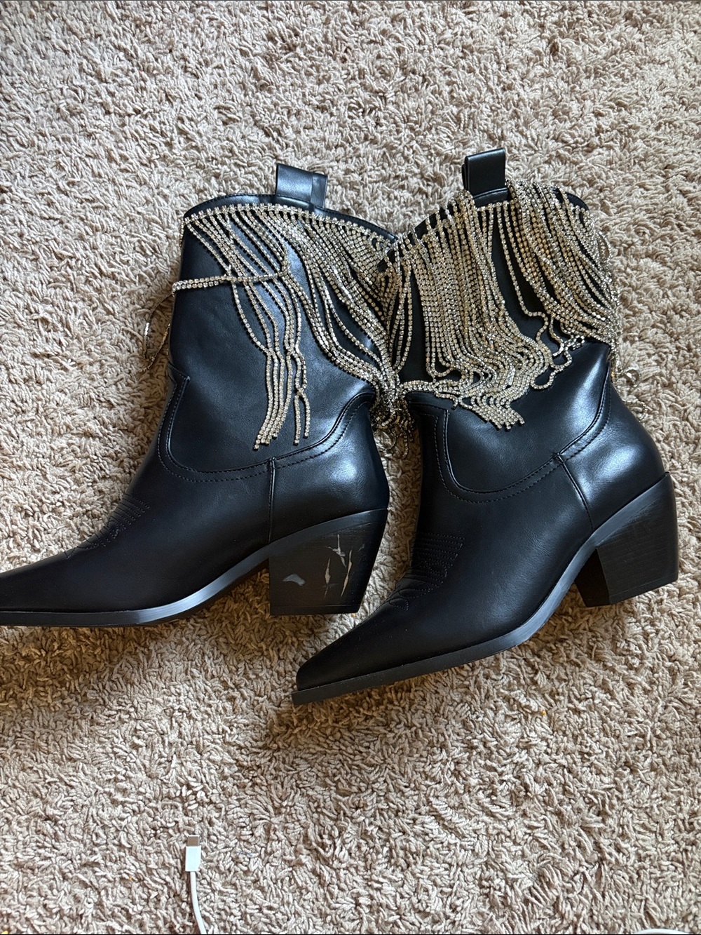 Black Ankle Booties with Gold Chain Fringe